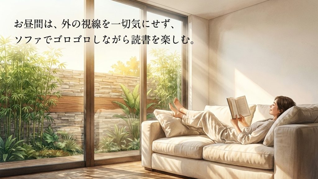 お昼間は、外の視線を一切気にせず、ソファでゴロゴロしながら読書を楽しむ。