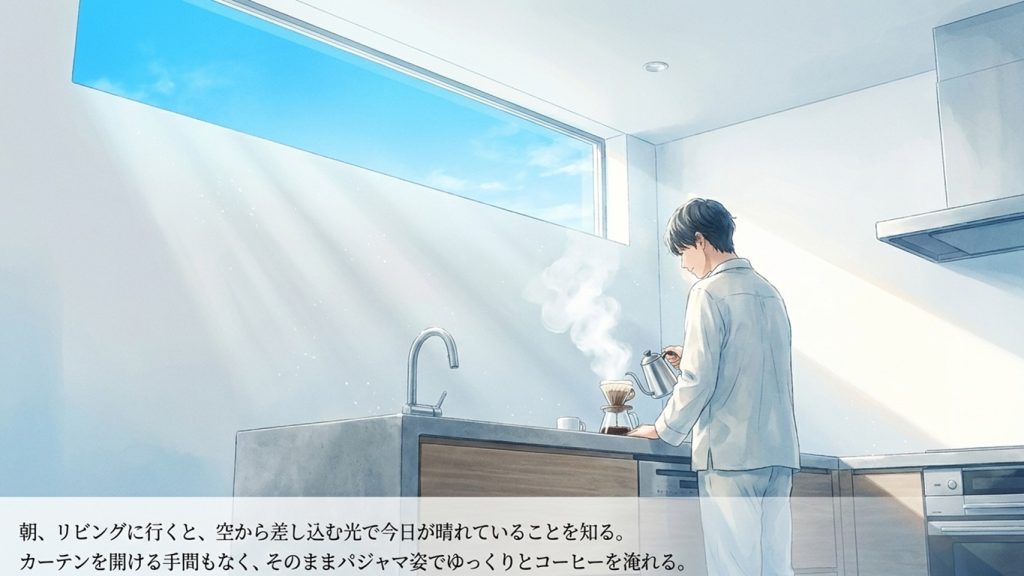 朝、リビングに行くと、空から差し込む光で今日が晴れていることを知る。 カーテンを開ける手間もなく、そのままパジャマ姿でゆっくりとコーヒーを淹れる。