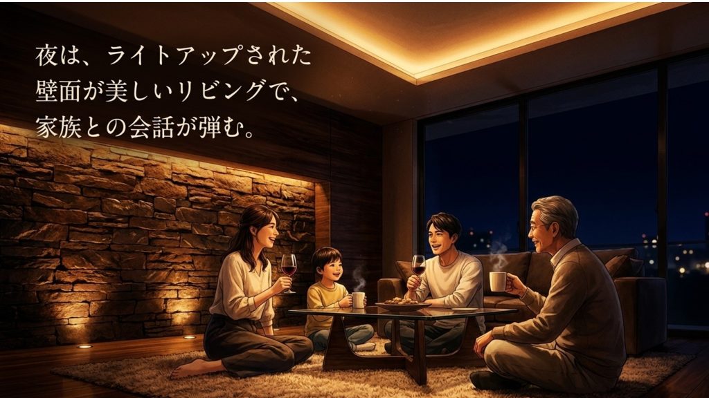 夜は、ライトアップされた壁面が美しいリビングで、家族との会話が弾む。